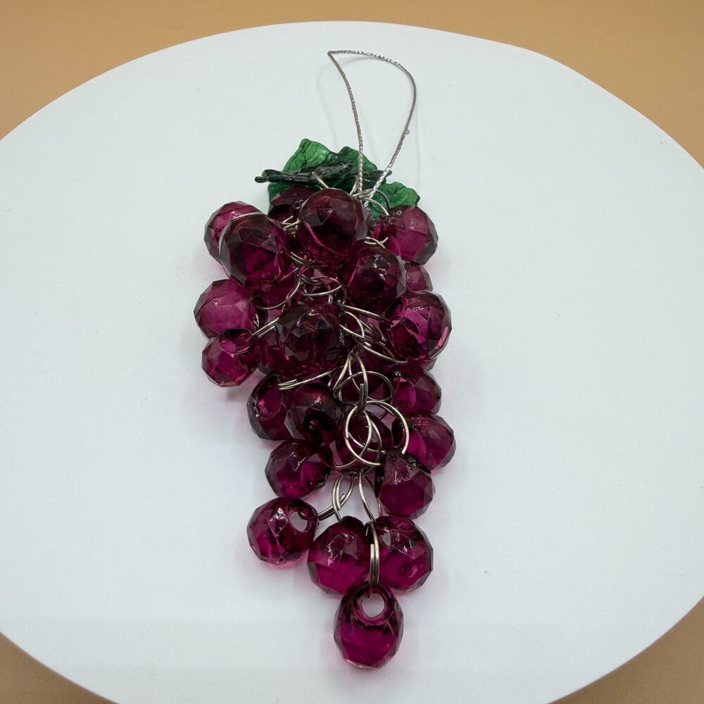 Grape Cluster Ornament Faceted Acrylic Beads Green Leaves Hanging Decor